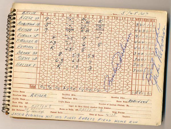 05/25/47 SCOREBOOK SIGNED BY JACKIE ROBINSON (FIRST HOME RUN IN EBBETS FIELD)