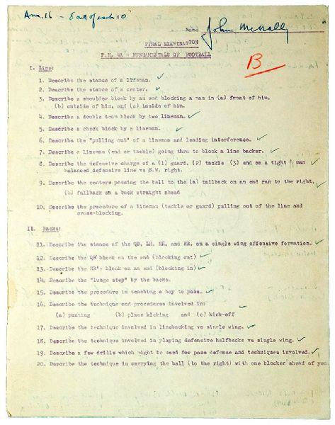 CIRCA 1930S HALL OF FAMER JOHN "BLOOD" MCNALLY SIGNED HIGH SCHOOL TEST