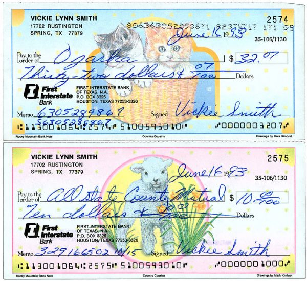LOT OF 2 SCARCE ANNA NICOLE SMITH CHECKS SIGNED WITH HER LEGAL NAME VICKIE SMITH