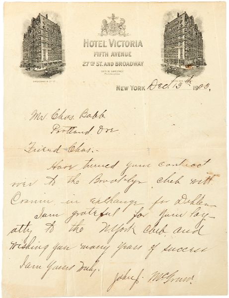 1903 JOHN MCGRAW SIGNED LETTER ON HOTEL VICTORIA STATIONARY
