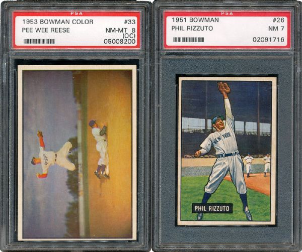 1951 BOWMAN #26 PHIL RIZZUTO NM PSA 7 AND 1953 BOWMAN COLOR #33 PEE WEE REESE NM-MT PSA 8 (OC)