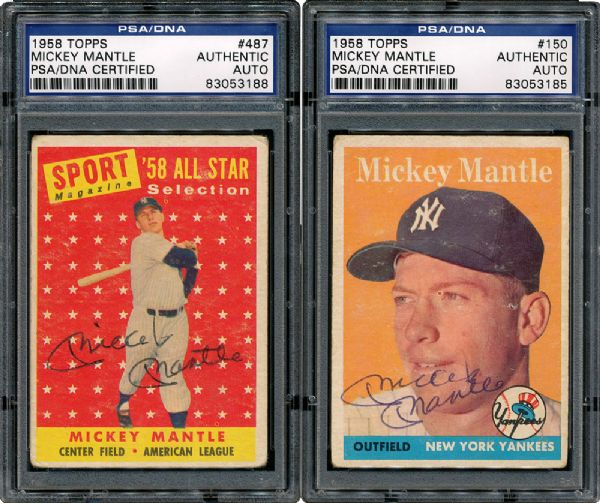 1958 TOPPS #150 MICKEY MANTLE AND #487 MICKEY MANTLE ALL-STAR - BOTH AUTOGRAPHED