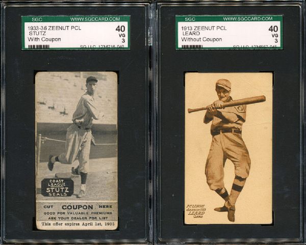 1933-36 ZEENUT PCL STUTZ (WITH COUPON) AND 1913 ZEENUT PCL LEARD (W/O COUPON) - BOTH VG SGC 40