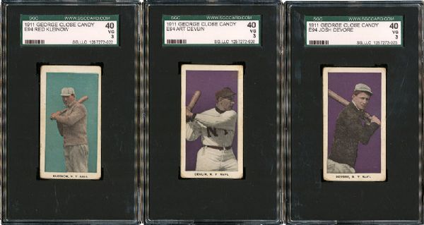 1911 E94 GEORGE CLOSE CANDY VG SGC 40 GRADED LOT OF 3 - DEVLIN, DEVORE AND KLEINOW