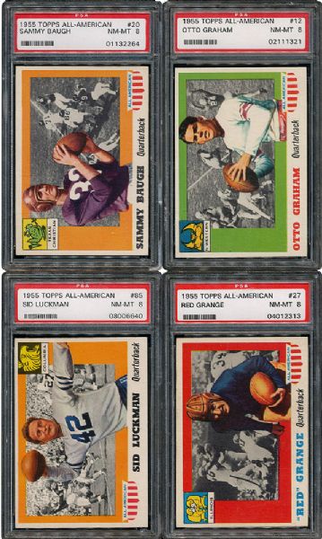 1955 TOPPS ALL-AMERICAN FOOTBALL NM-MT PSA 8 LOT OF 4 - RED GRANGE, OTTO GRAHAM, SAMMY BAUGH AND SID LUCKMAN