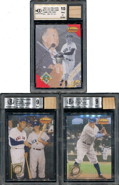 1994 TED WILLIAMS CO. HIGH GRADE RUTH, MANTLE, AND WILLIAMS GAME USED BAT CARDS