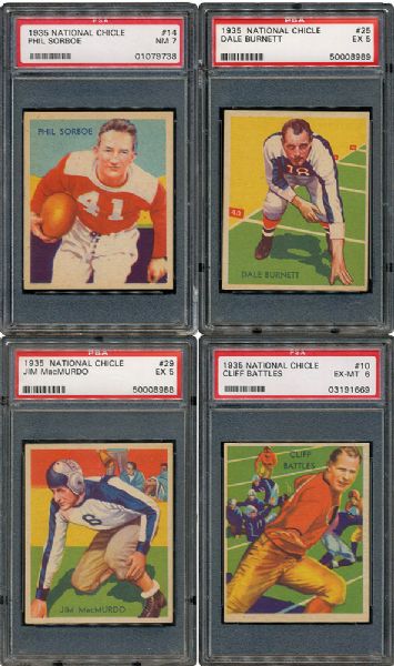 1935 NATIONAL CHICLE FOOTBALL PSA GRADED LOT OF 4 INCLUDING #6 CLIFF BATTLES AND 2 HIGH NUMBERS - ALL EX PSA 5 OR BETTER