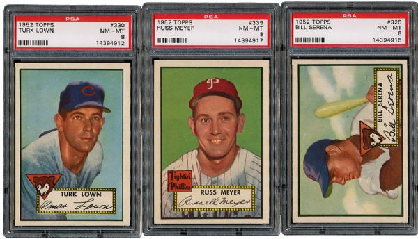 1952 TOPPS BASEBALL NM-MT PSA 8 GRADED LOT OF 3 HIGH NUMBERS