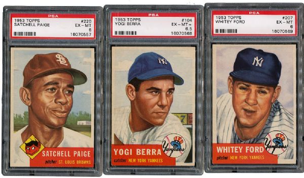 1953 TOPPS BASEBALL EX-MT PSA GRADED LOT OF 3 - #104 BERRA (6.5), #207 FORD AND #220 PAIGE