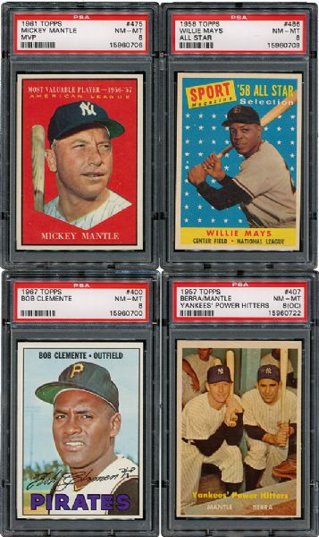 1957 THRU 1967 TOPPS NM-MT PSA 8 LOT OF 4 WITH 2 MANTLE CARDS AND A CLEMENTE CARD