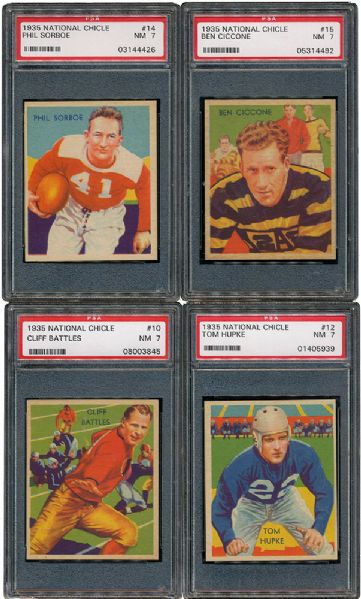 1935 NATIONAL CHICLE FOOTBALL NM PSA 7 LOT OF 7 INCLUDING CLIFF BATTLES AND BEATTIE FEATHERS