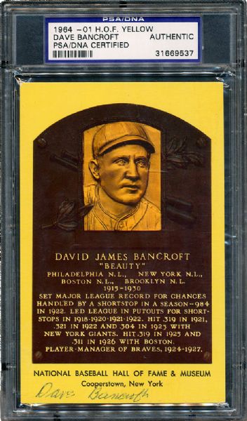 DAVE BANCROFT SIGNED HALL OF FAME PLAQUE (GOLD)