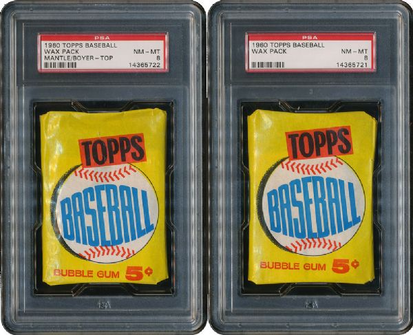1960 TOPPS BASEBALL 2ND SERIES LOT OF 2 UNOPENED WAX PACKS NM-MT PSA 8 - RIVAL ALL-STARS (MANTLE/BOYER) SHOWING ON ONE