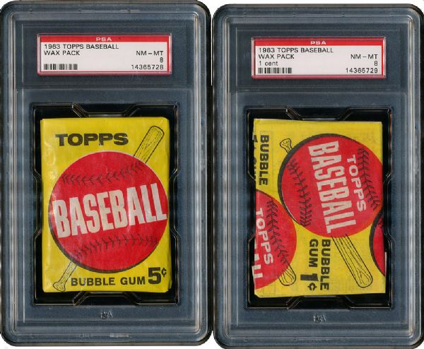 1963 TOPPS BASEBALL 1ST SERIES LOT OF 2 UNOPENED WAX PACKS - 1 CENT & 5 CENT - BOTH NM-MT PSA 8
