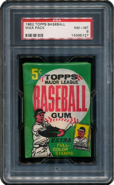 1962 TOPPS BASEBALL 3RD SERIES UNOPENED WAX PACK (POSSIBLE MANTLE) NM-MT PSA 8