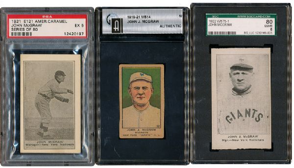 LOT OF 4 JOHN MCGRAW PRE-WAR BASEBALL CARDS INC. HIS 1921 E121 AMERICAN CARMEL CARD