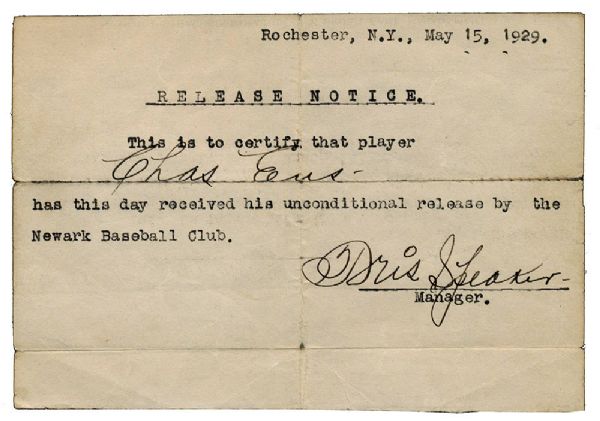 MAY 15, 1929 TRIS SPEAKER SIGNED UNCONDITIONAL RELEASE NOTICE FROM THE NEWARK BASEBALL CLUB