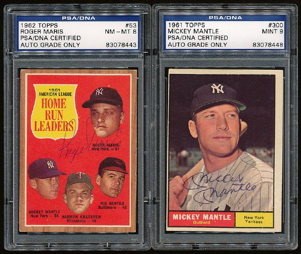 1961 TOPPS #300 MICKEY MANTLE AND 1962 TOPPS #53 AL HR LEADERS (ROGER MARIS) AUTOGRAPHED BOTH GRADED PSA