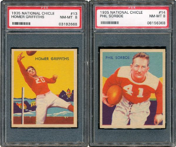 1935 NATIONAL CHICLE FOOTBALL NM-MT PSA 8 PAIR - #13 GRIFFITHS AND #14 SORBOE