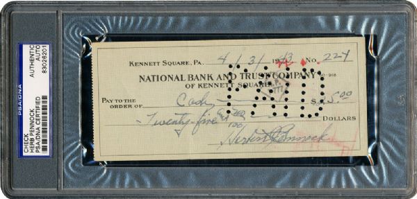 1943 HERB PENNOCK SIGNED CHECK 