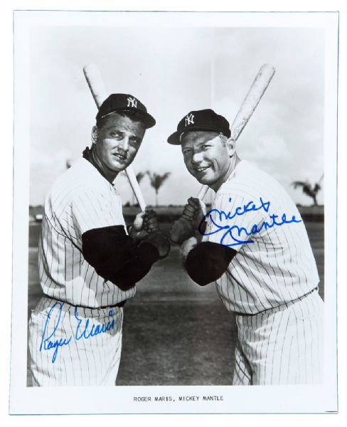 MICKEY MANTLE AND ROGER MARIS DUAL SIGNED 8" BY 10" BLACK AND WHITE PHOTO (PSA/DNA 9 MINT)