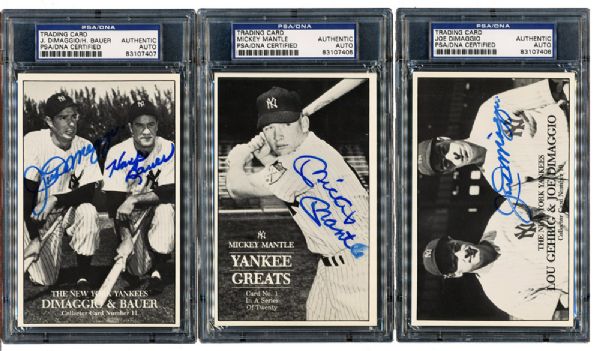 MICKEY MANTLE AND JOE DIMAGGIO LOT OF (3) SIGNED UNION NOVELTY COMPANY CARDS