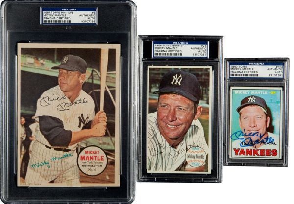 MICKEY MANTLE SIGNED 1964 TOPPS GIANT, 1967 TOPPS, AND 1967 TOPPS PIN-UP 