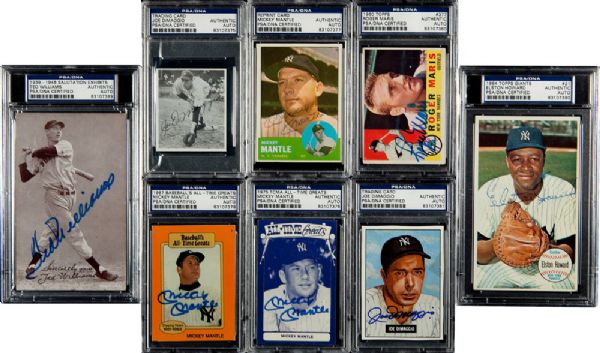 MICKEY MANTLE (3), JOE DIMAGGIO (2), TED WILLIAMS (1), ROGER MARIS (1) AND ELSTON HOWARD (1) SIGNED LOT OF 8 CARDS