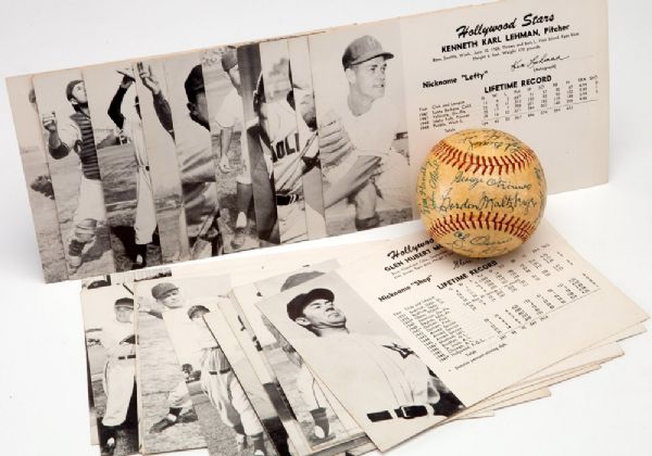 1953 PCL HOLLYWOOD STARS TEAM SIGNED BASEBALL PLUS 1949 AND 1950 STARS TEAM ISSUE PHOTO SETS