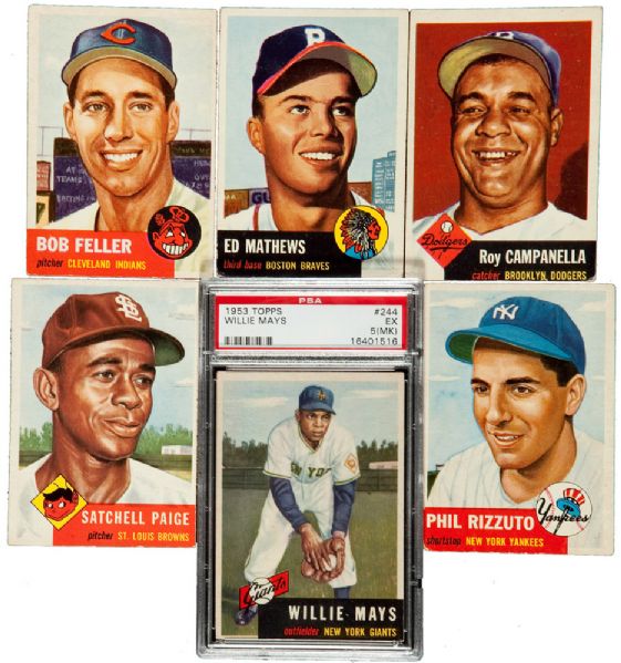 1953 TOPPS BASEBALL LOT OF (113) DIFFERENT INCLUDING MAYS, PAIGE, RIZZUTO, FELLER, CAMPANELLA AND OTHER HOFERS