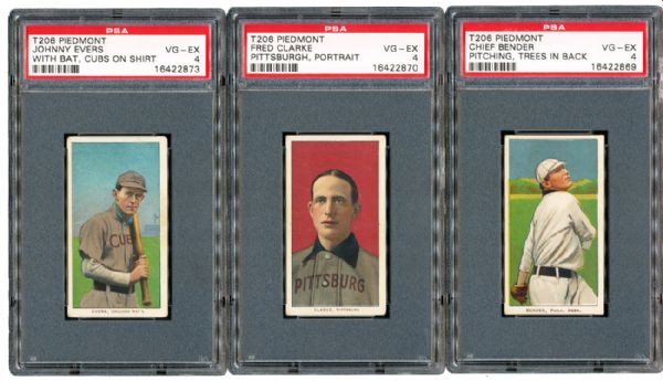 1909-11 T206 VG-EX PSA 4 LOT OF (5) HALL OF FAMERS - BENDER, CLARKE, EVERS, TINKER, WALLACE