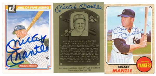 MICKEY MANTLE LOT OF (3) SIGNED CARDS INCLUDING 1968 TOPPS