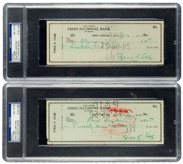 PAIR OF TY COBB SIGNED CHECKS - BOTH WITH NM-MT PSA/DNA 8 SIGNATURES