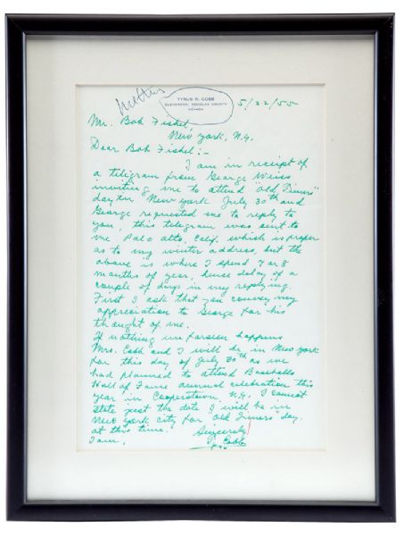 TY COBB SIGNED HANDWRITTEN LETTER WITH BASEBALL CONTENT