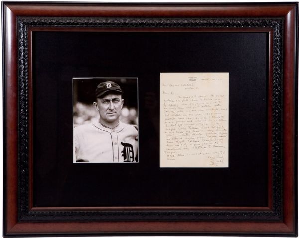 1937 TY COBB SIGNED HANDWRITEN LETTER WITH GREAT BASEBALL CONTENT FRAMED WITH PHOTO