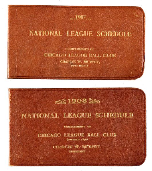 1907 AND 1908 WORLD CHAMPION CHICAGO CUBS LEATHER BOUND SCHEDULES FROM CLUB PRESIDENT CHARLES MURPHY