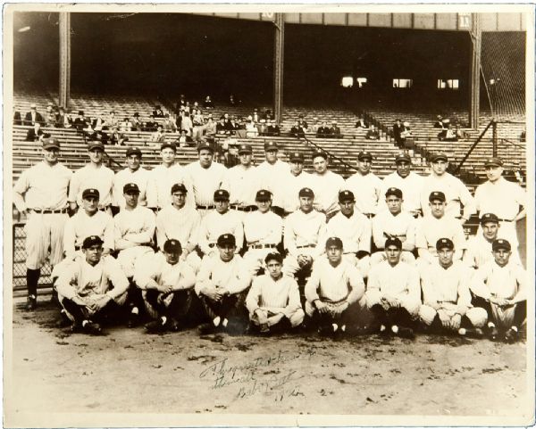 1927 NEW YORK YANKEES 11" BY 14" TEAM PHOTOGRAPH SIGNED BY BABE RUTH AND INSCRIBED "THE GREATEST TEAM OF THEM ALL 1927" 