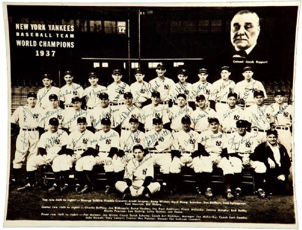 1937 NEW YORK YANKEES TEAM SIGNED 8" BY 10" PHOTOGRAPH INCL. GEHRIG AND DIMAGGIO