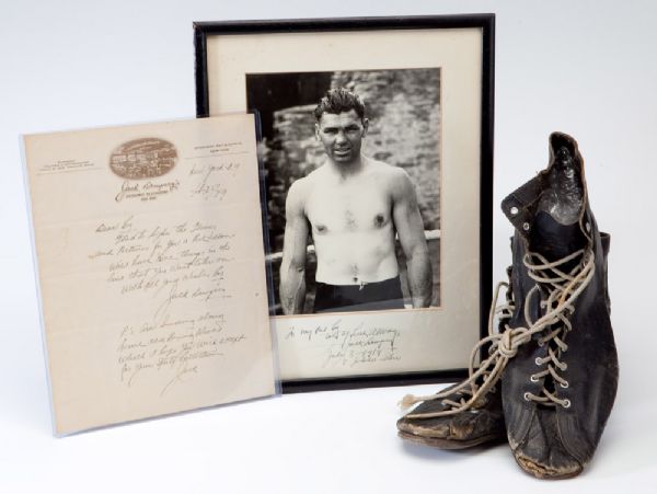 JACK DEMPSEY FIGHT WORN SHOES AND SIGNED PHOTO WITH HANDWRITTEN LOA FROM DEMPSEY