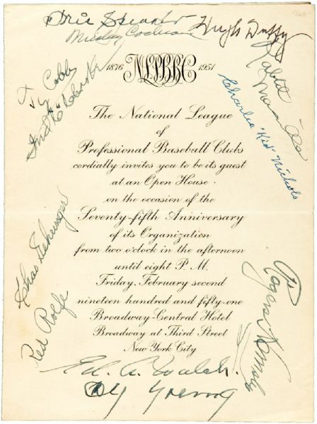 1951 NATIONAL LEAGUE 75TH ANNIVERSARY CELEBRATION INVITATION SIGNED BY 11 HOFERS INCL. KID NICHOLS, COBB, YOUNG, DUFFY, ETC.