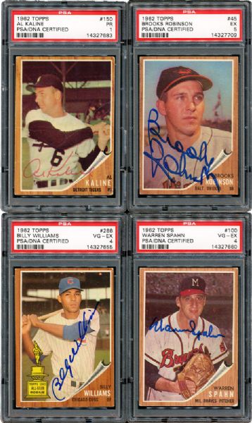 1962 TOPPS AUTOGRAPHED CARD LOT OF 9 (7 HALL OF FAMERS) PSA/DNA CERTIFIED