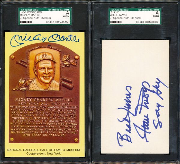 MICKEY MANTLE SIGNED HALL OF FAME POSTCARD AND WILLIE MAYS AUTOGRAPHED INDEX CARD
