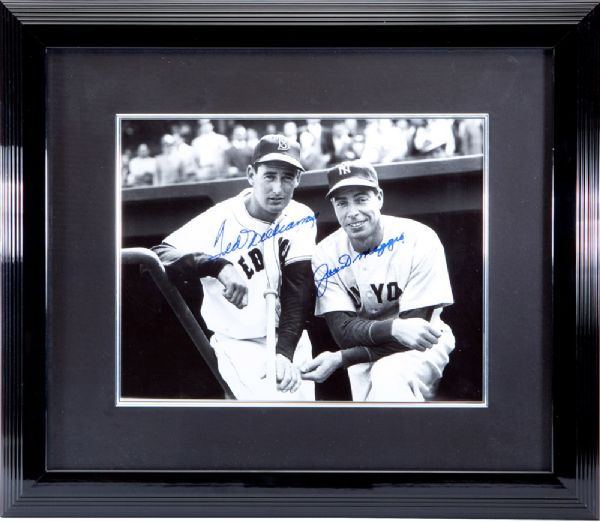 JOE DIMAGGIO AND TED WILLIAMS SIGNED, FRAMED 11" BY 14" BLACK & WHITE PHOTO