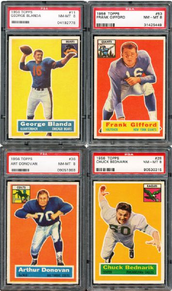 1956 TOPPS FOOTBALL NM-MT PSA 8 LOT OF (23) INCLUDING GIFFORD, REDSKINS TEAM, CARDINALS TEAM, GIFFORD, MATSON PLUS PAIR OF NM PSA 7S