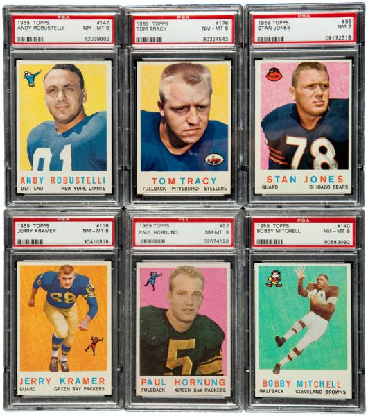 1959 TOPPS FOOTBALL NM-MT PSA 8 LOT OF (15) WITH 7 HALL OF FAMERS PLUS 1 NM PSA 7