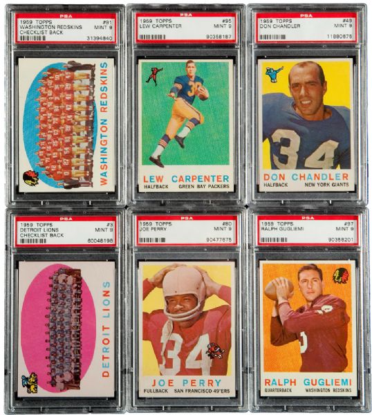 1959 TOPPS FOOTBALL MINT PSA 9 LOT OF 29 (28 DIFF) INCLUDING GIFFORD, LAYNE, PERRY, 7 TEAM CARDS