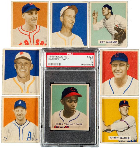 1949 BOWMAN BASEBALL LOT OF (24) WITH 15 HIGH #S INCLUDING #224 SATCHEL PAIGE ROOKIE EX PSA 5
