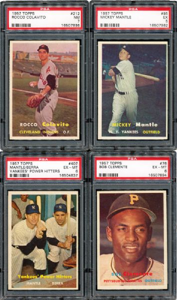 1957 TOPPS BASEBALL PSA GRADED LOT OF (6) KEY CARDS INCLUDING MANTLE, CLEMENTE, 400, AND 407