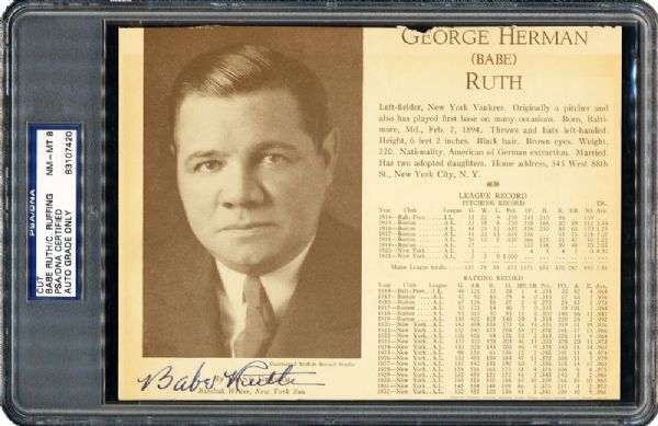 BABE RUTH SIGNED 1933 WHOS WHO IN BASEBALL PAGE (PSA/DNA NM-MT 8)