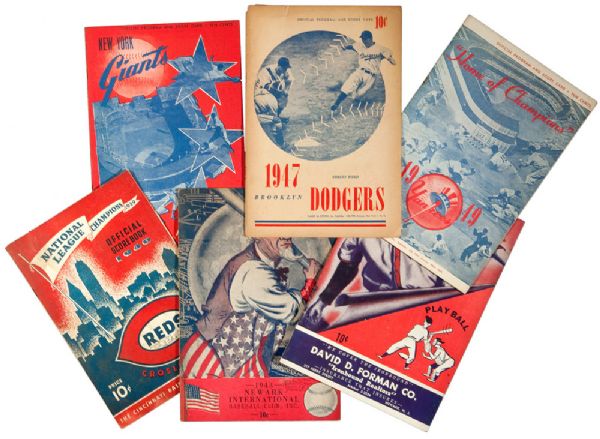 1938-50 NEW YORK GIANT (48), BROOKLYN DODGER (22), NEW YORK YANKEE (3), CINCINNATI REDS (3), NEWARK BEARS (3) LOT OF 79 SCORECARDS, MOST WITH MATCHING TICKET STUBS